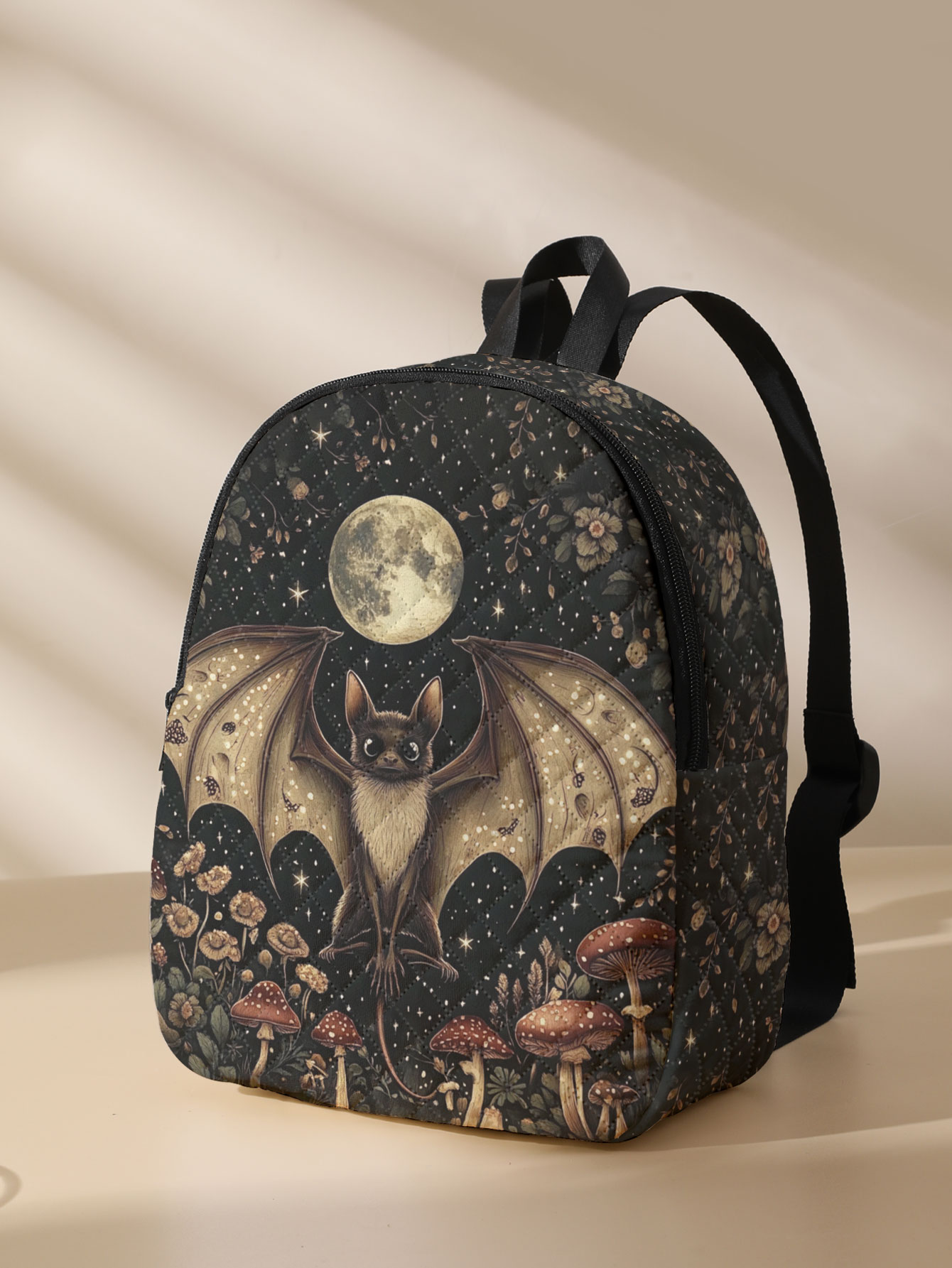 Fashion Backpack Women - Yarasa Ay Mantarı Çiçek Desenli Kapitone